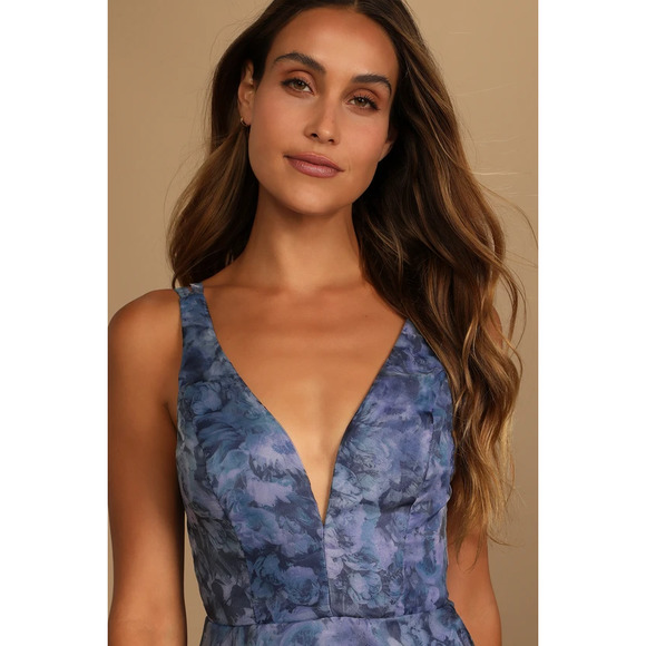 Lulus Mini Dress XS Blue Floral Organza Imagine Romance A-Line Party - Picture 5 of 14